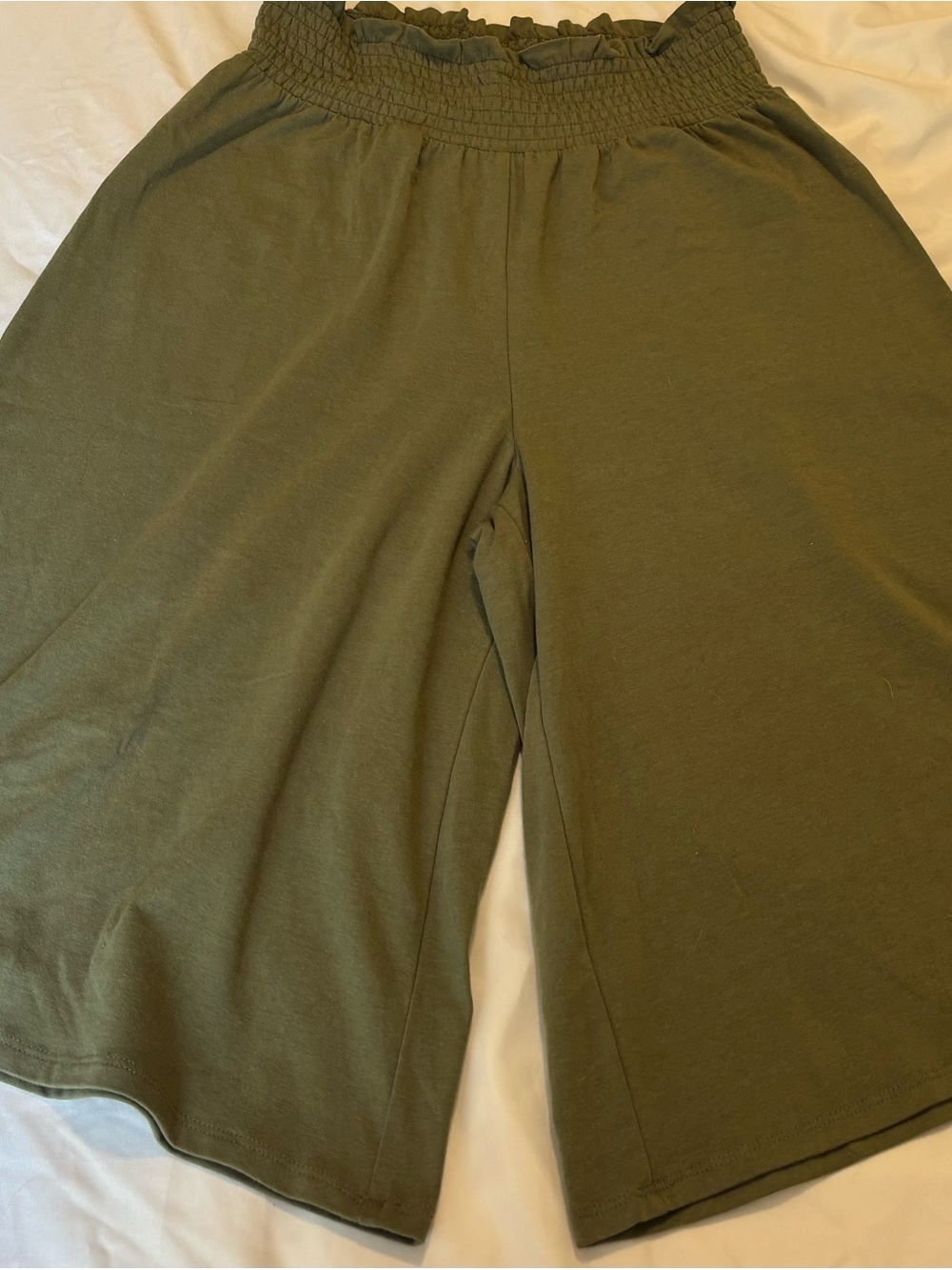JW Style Olive Green Ruched Hi Waist Ultra Wide-Leg Soft Gaucho Shorts